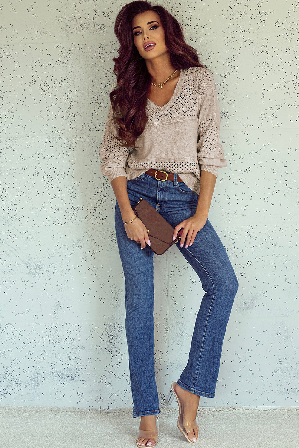 Sky Blue Eyelet Pattern Detail V Neck Drop Shoulder Sweater