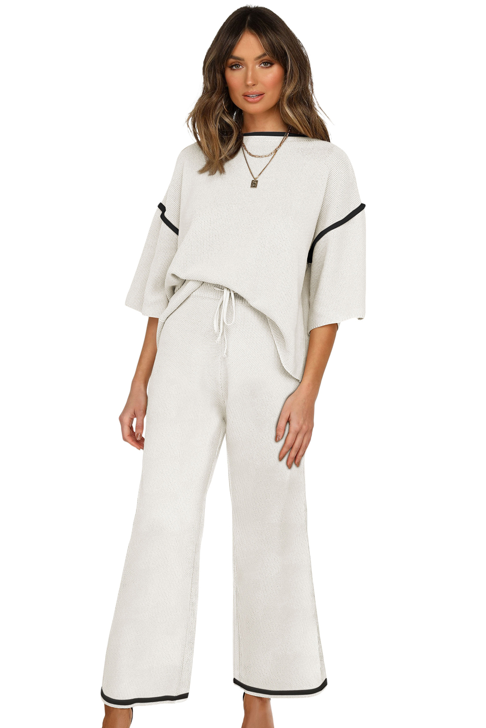 Blackish Green Contrast Trim Half Sleeve Top Drawstring Pants Loose 2pcs Sweater Suit