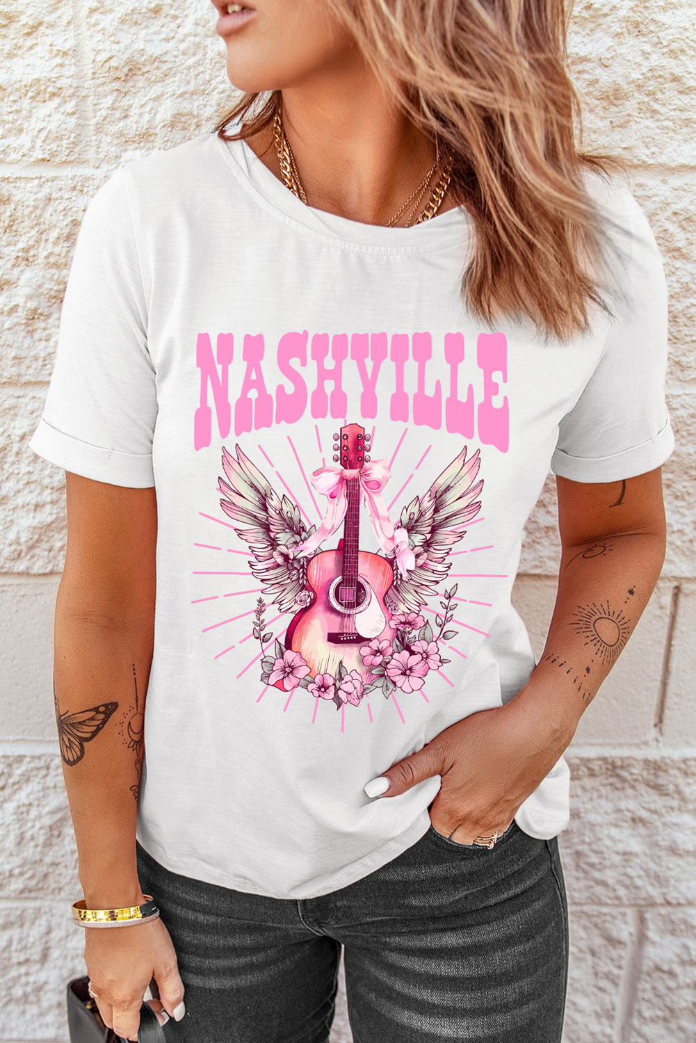 White NASHVILLE Guitar Graphic Music Festival T Shirt