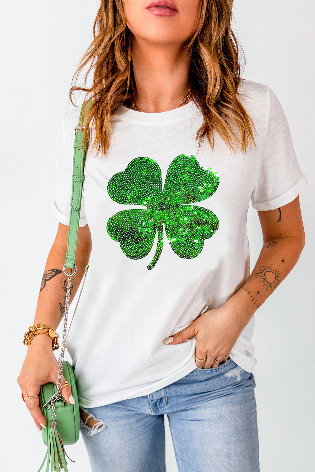 Black St. Patricks Lucky Clover Print O Neck T Shirt