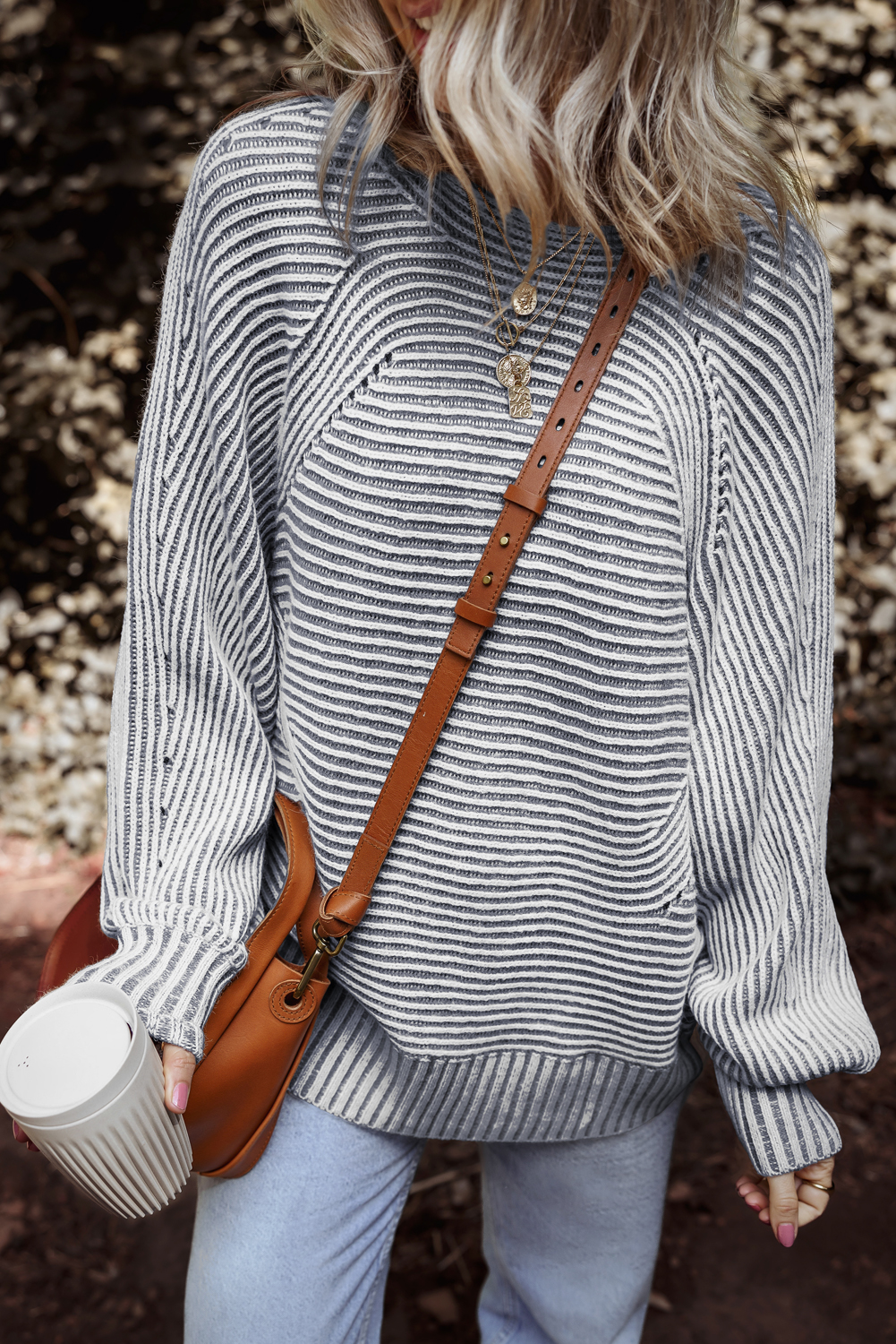 Coffee Striped Print Ribbed Knit Boat Neck Baggy Sweater