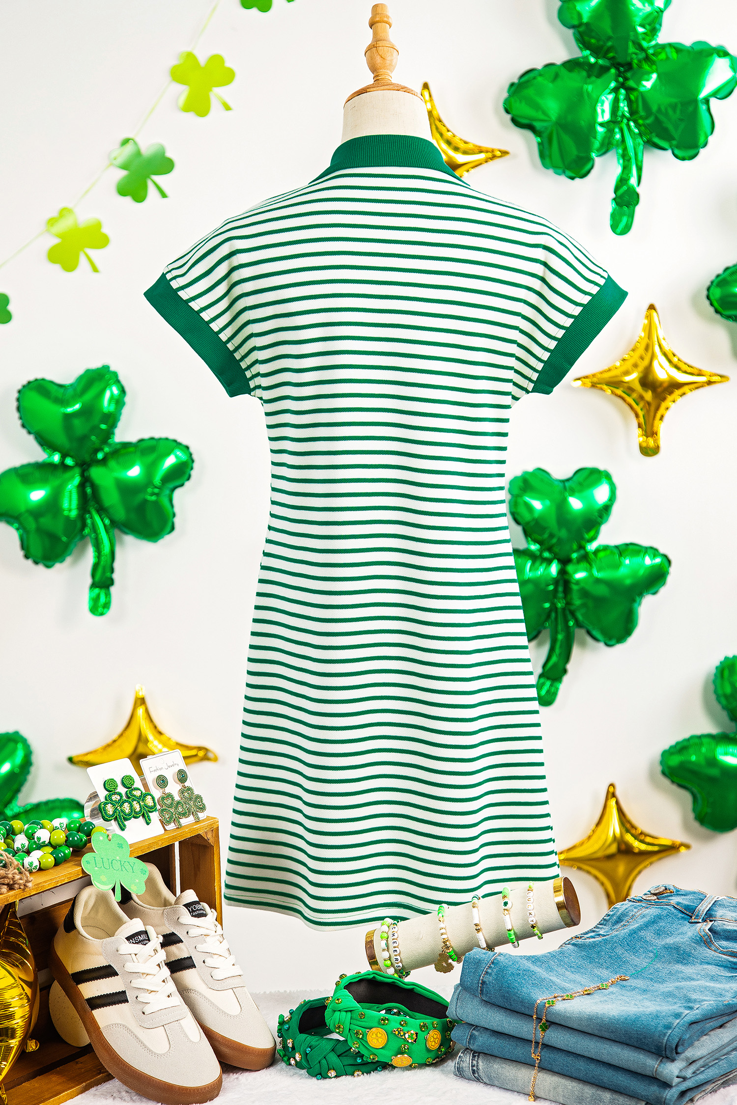 Green Stripe Magic St Patricks Day Sequin Graphic Zip Polo Tee Dress