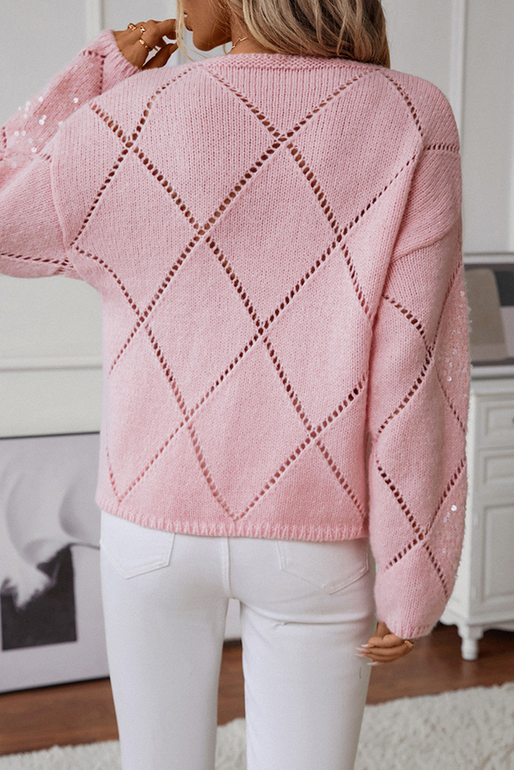 Dusk Blue Hollowed Rhombus Pattern Sequin Detail Round Neck Sweater