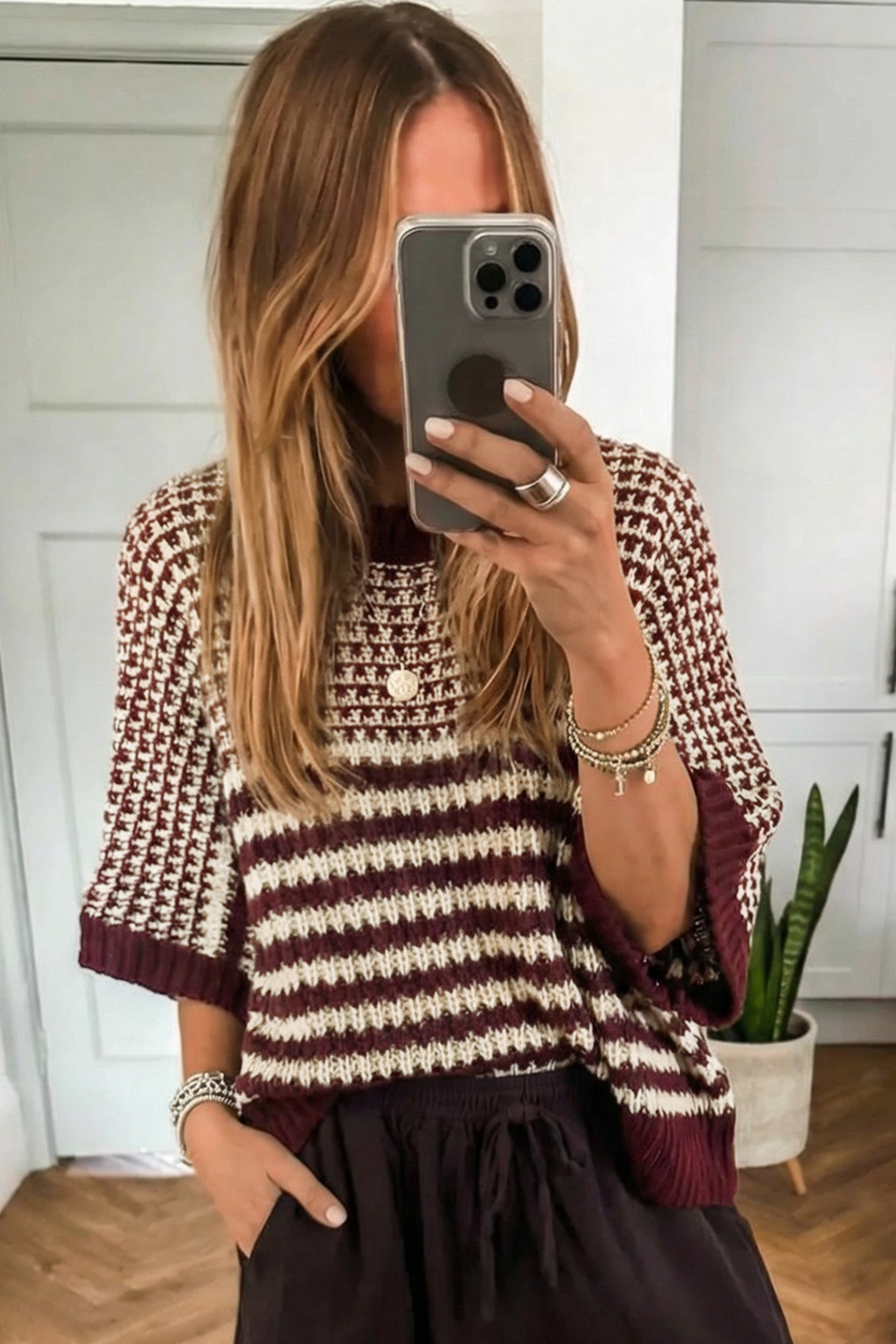 Black Stripe 3/4 Draped Sleeve Slouchy Sweater