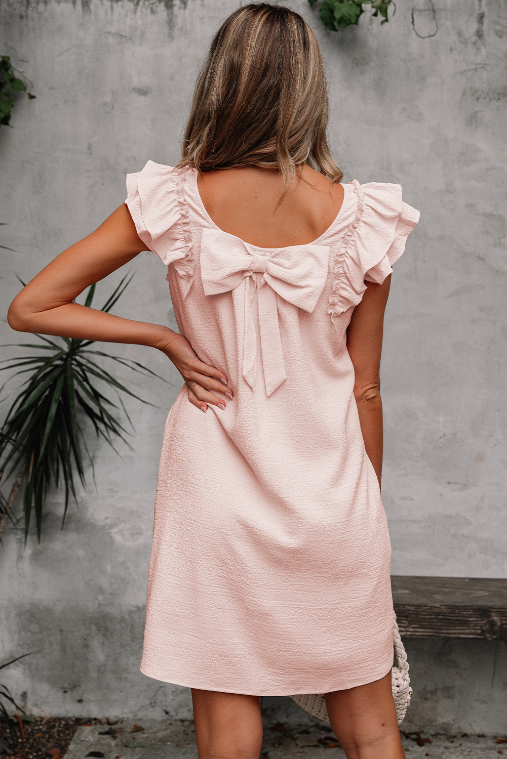 Beau Blue Textured Bow Knot Frilled Butterfly Sleeve Blouse