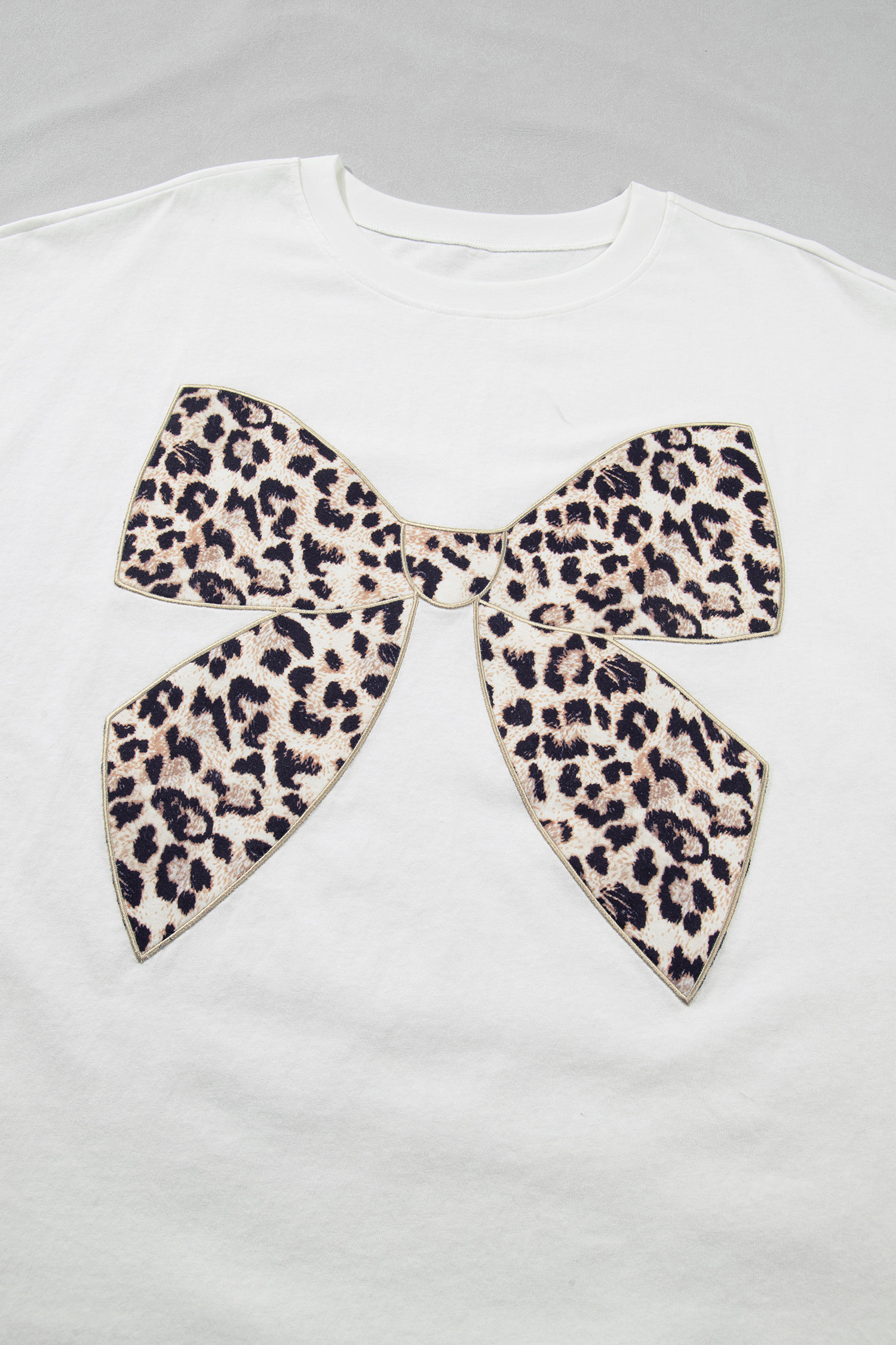 Pink Leopard Bow Embroidered Cotton Round Neck T Shirt