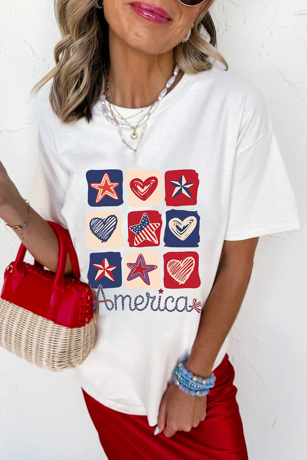 White American Heart Star Checkered Graphic Tee