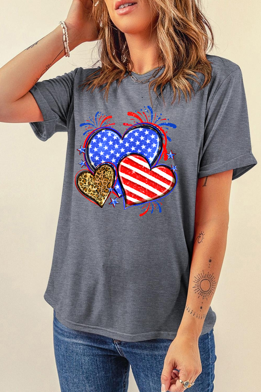 Gray American Heart July 4th Celebration Graphic T Shirt