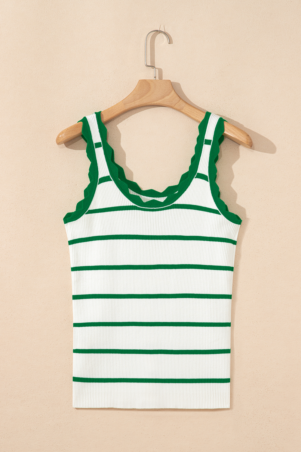 Bright Green Striped Scalloped Edge U Neck Sleeveless Sweater Vest