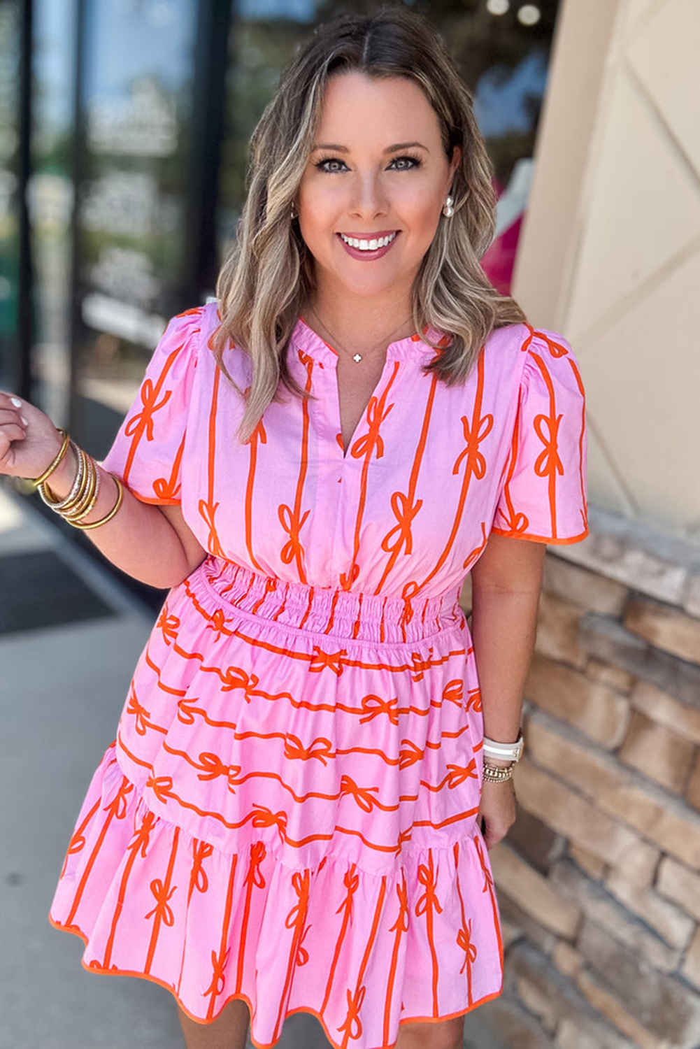 Pink Bowknot Striped Printed Bubble Sleeve Buttoned Belted Mini Dress