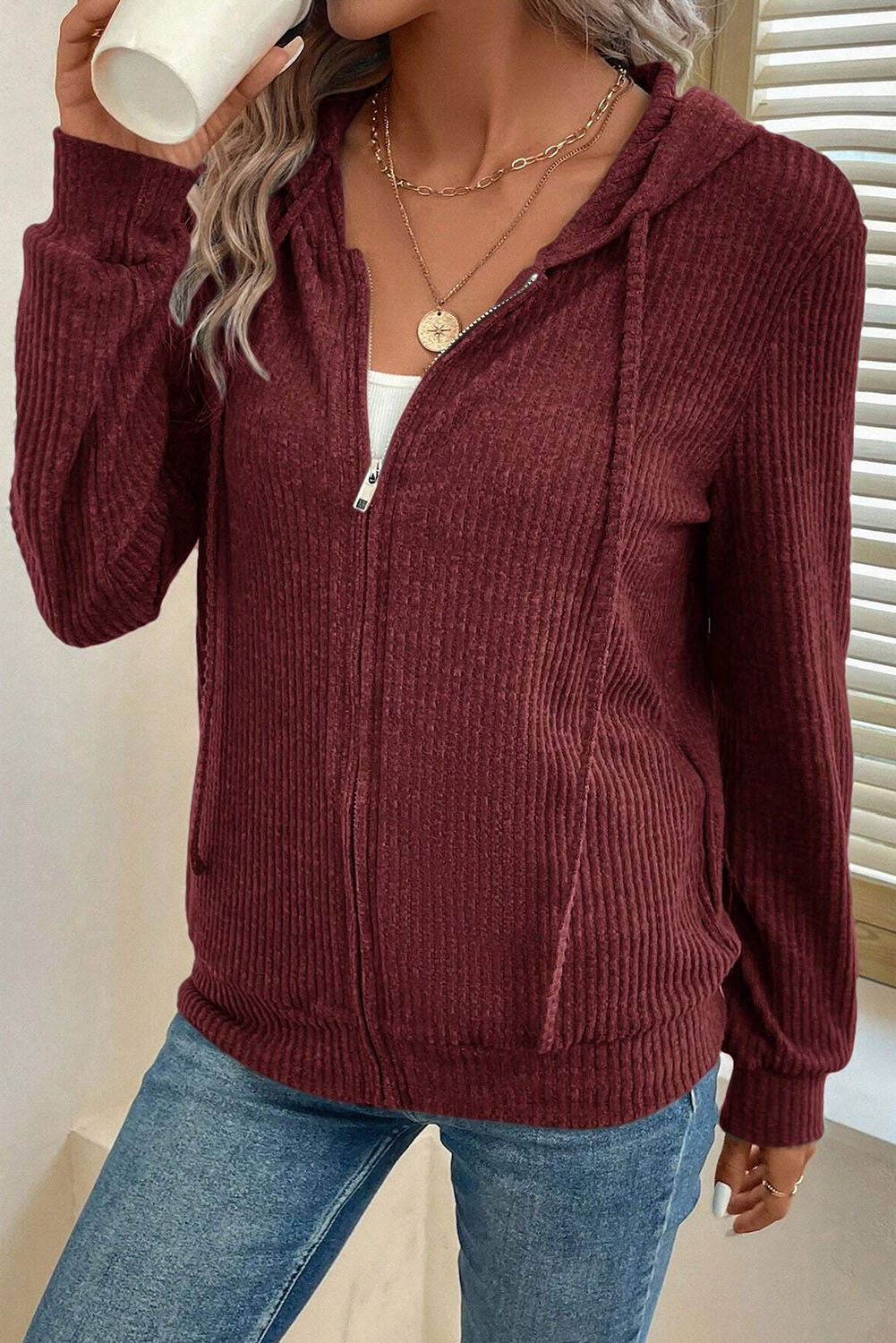 Dark Grey Ribbed Zip Up Front Drawstring Hoodie