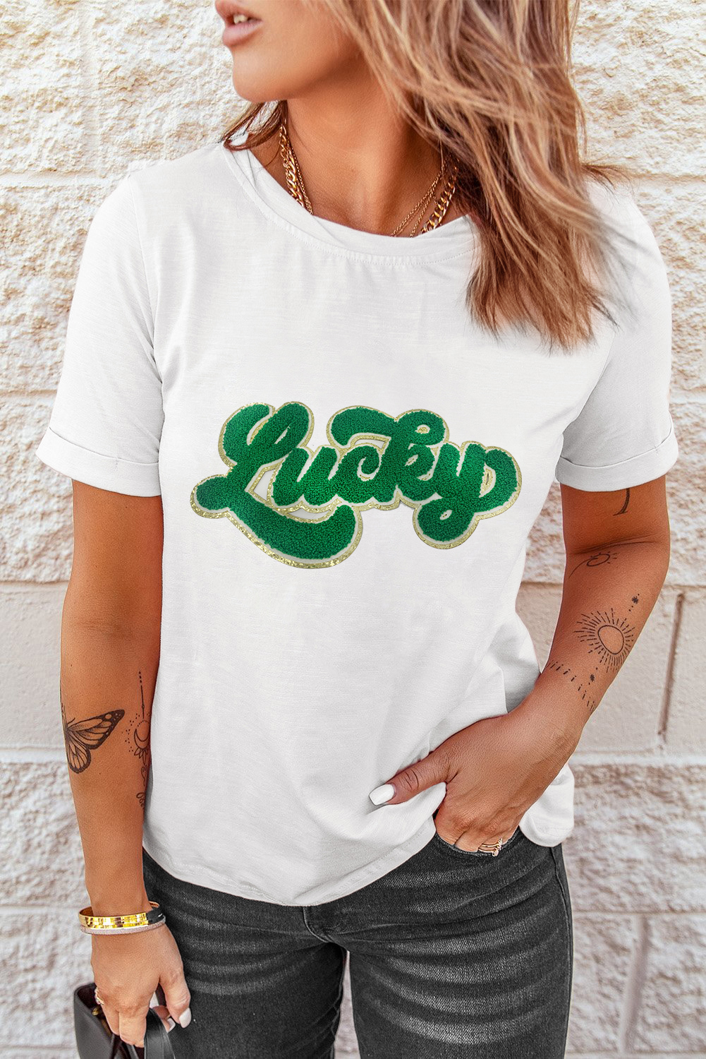 Black St. Patricks Lucky Clover Print O Neck T Shirt