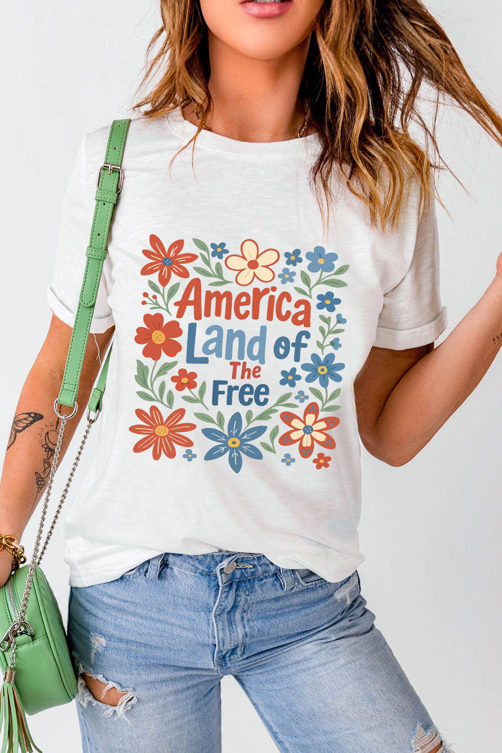 White America Land of The Free Flower Graphic Crewneck T Shirt
