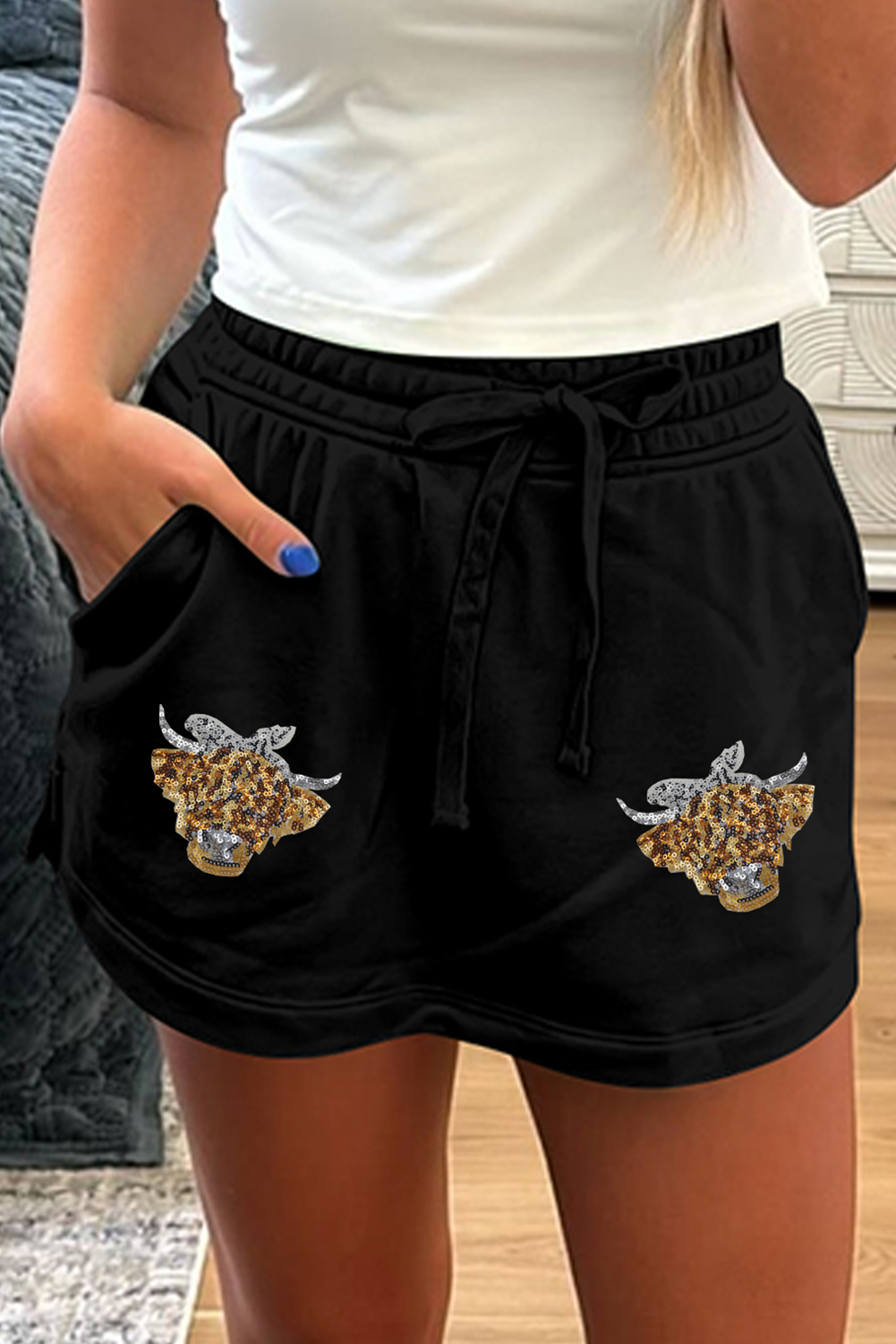 Black Sequin Heifer Patched French Terry Drawstring Skort