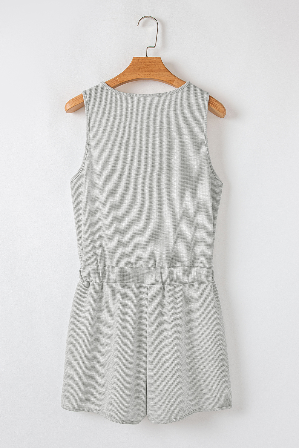 Light Grey Waffle Knit Sleeveless Buttoned Front Drawstring Elastic Waistband Romper