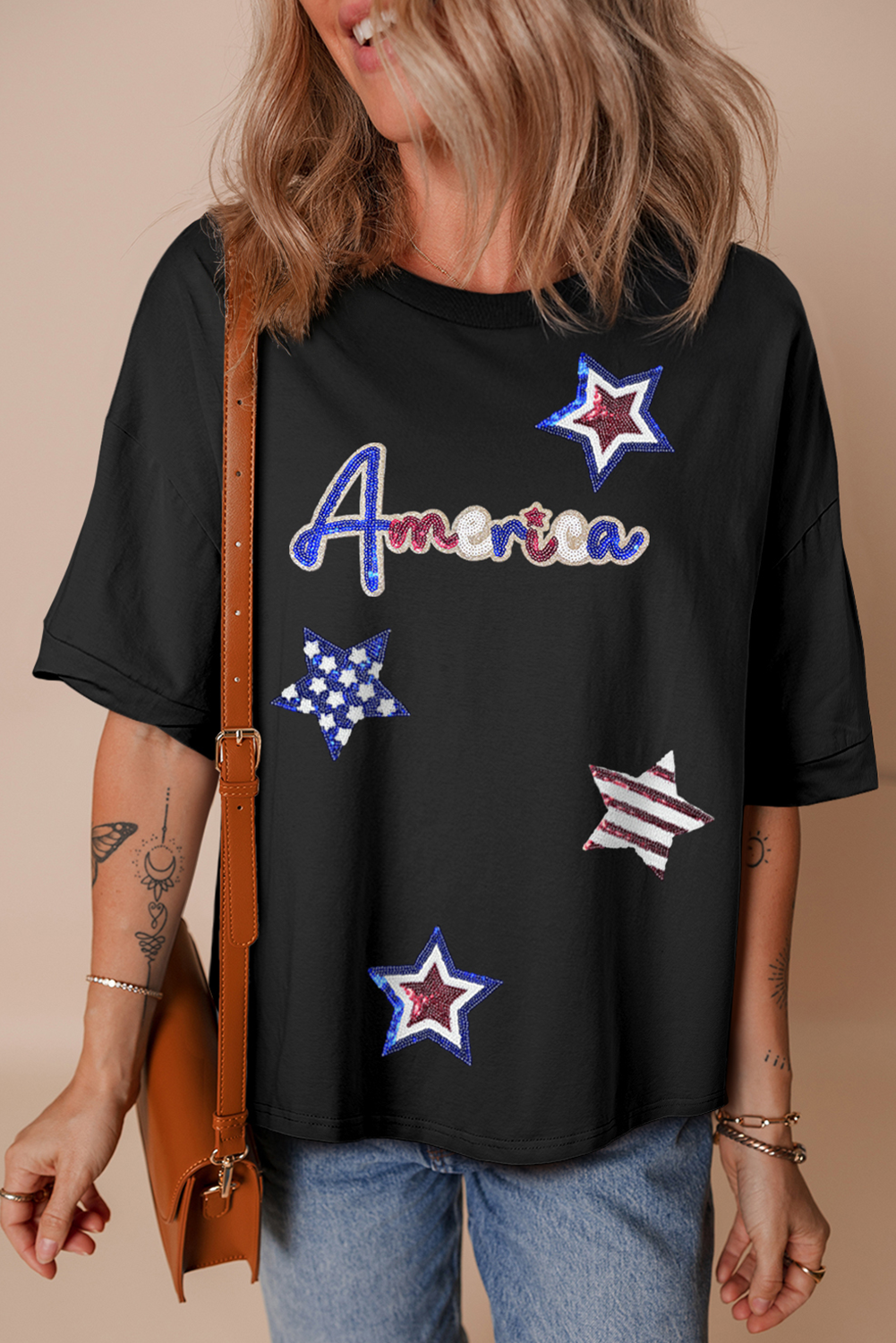 Black Sequin USA Bow Graphic Independence Day T Shirt
