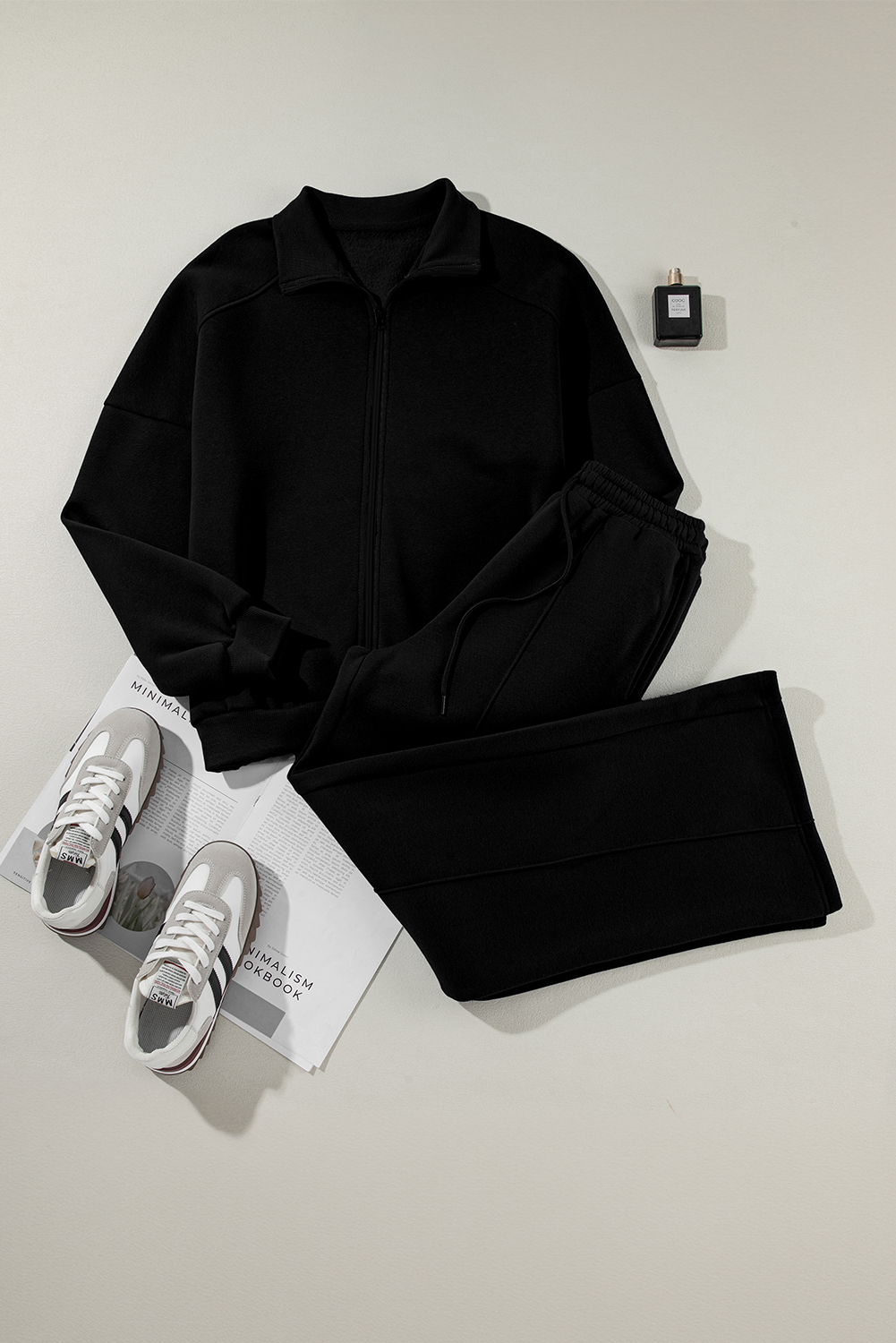 Navy Blue Drop Shoulder Zip Up Jacket Drawstring Pants Active 2pcs Set