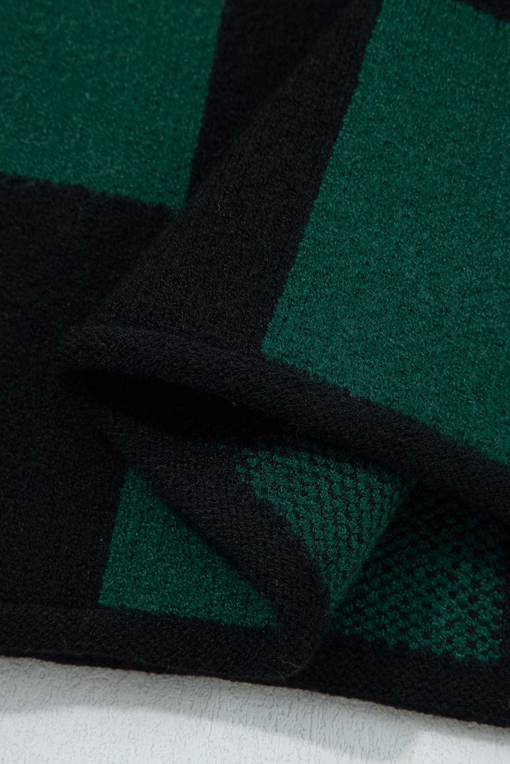 Black Checked Notched Neckline Drop Shoulder Knit Sweater