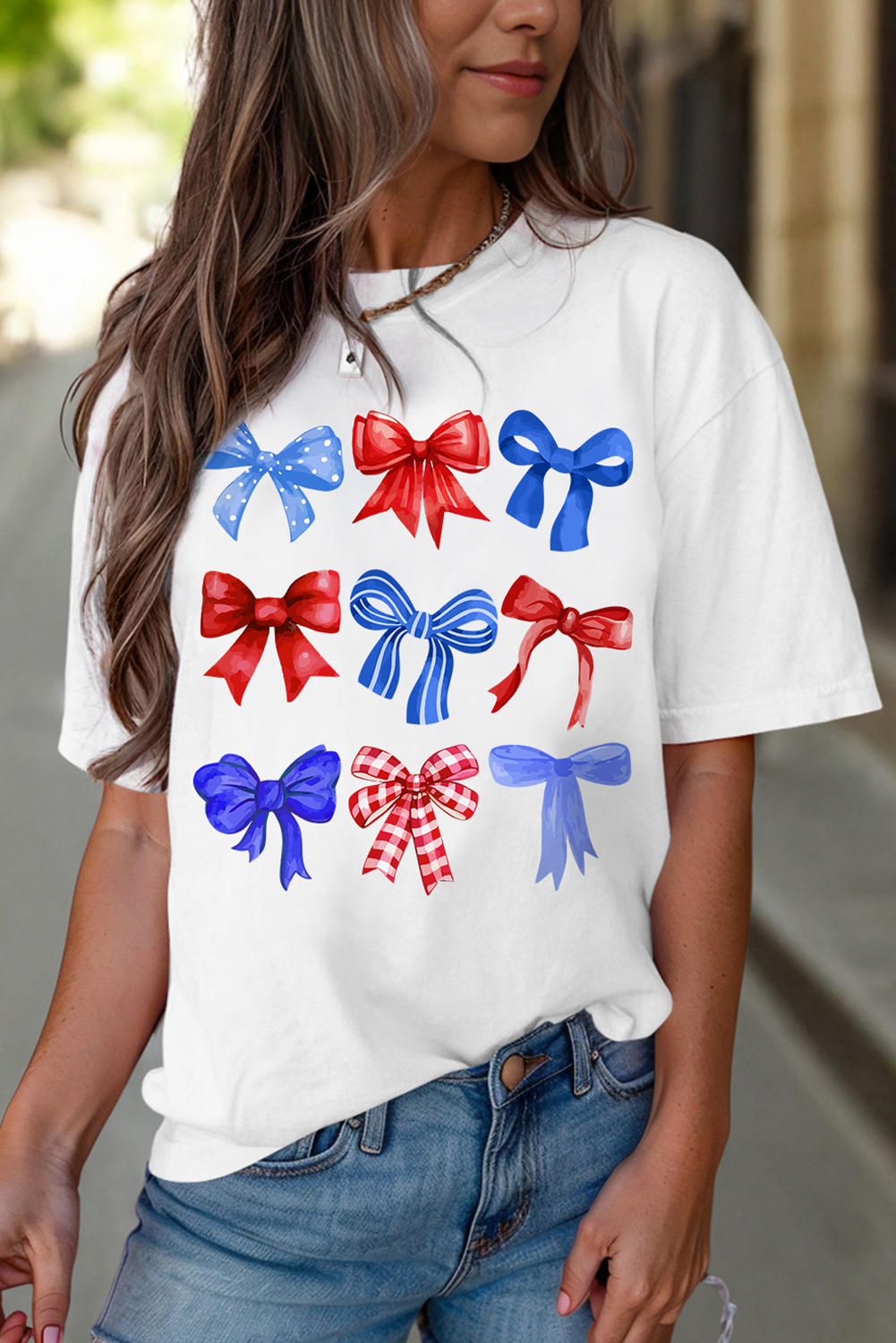 White USA Inspire Bow Print Crewneck Independence Day Tee