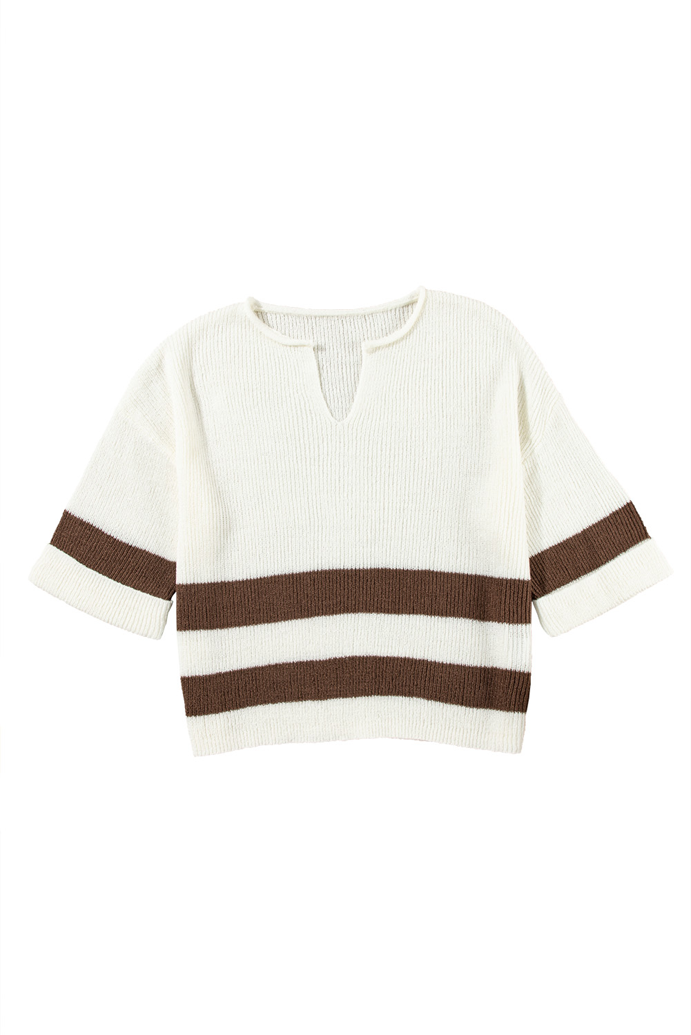 Brown Striped Accent Notched V Neck Cropped Sweater T Shirt