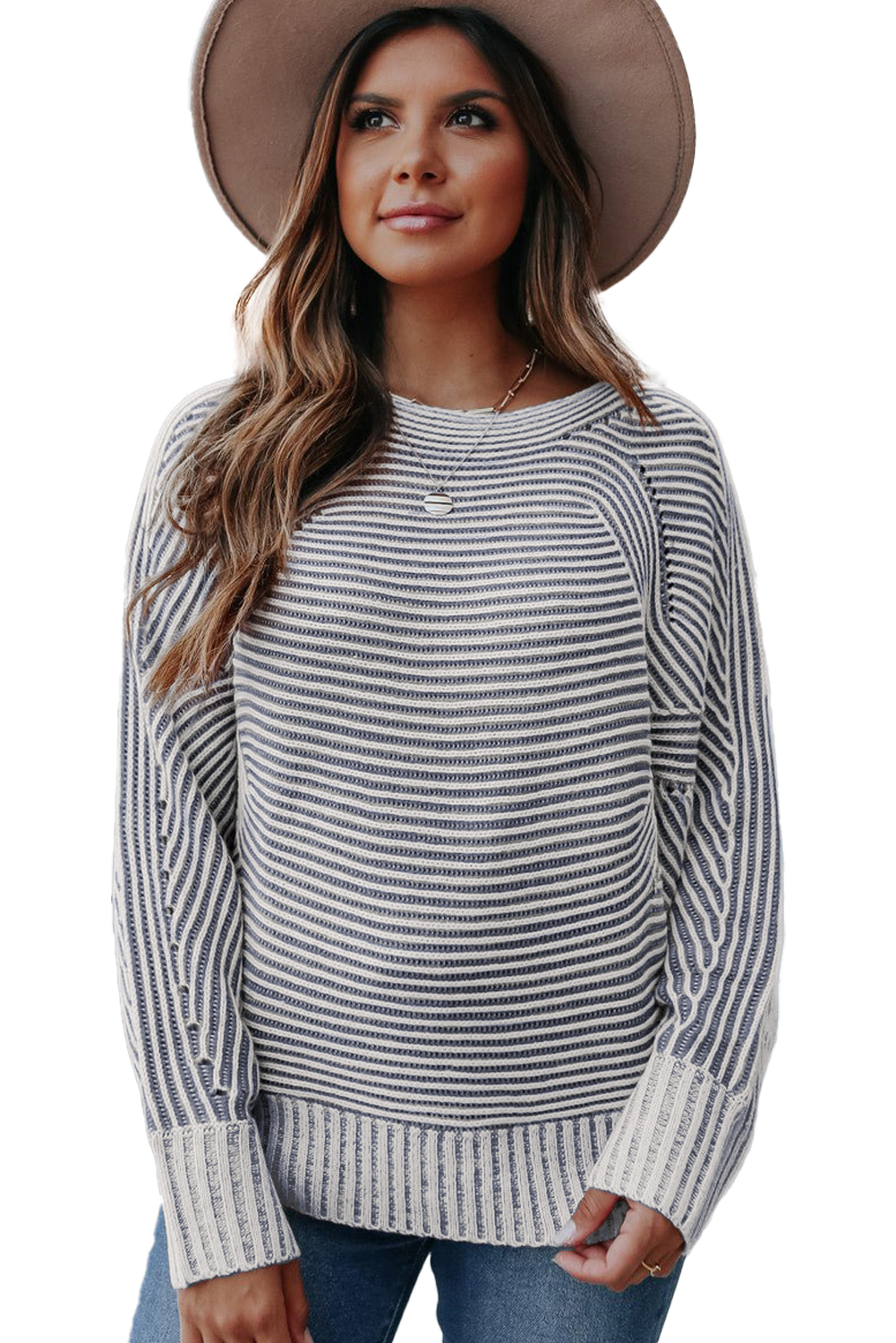 Coffee Striped Print Ribbed Knit Boat Neck Baggy Sweater