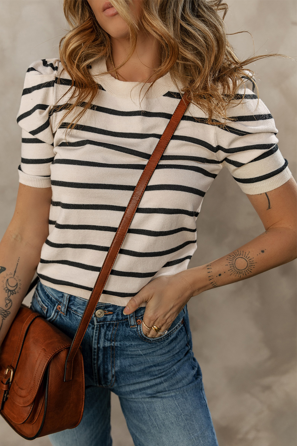 Blue Stripe Ribbed Trim Round Neck Bubble Sleeve Knitted Top