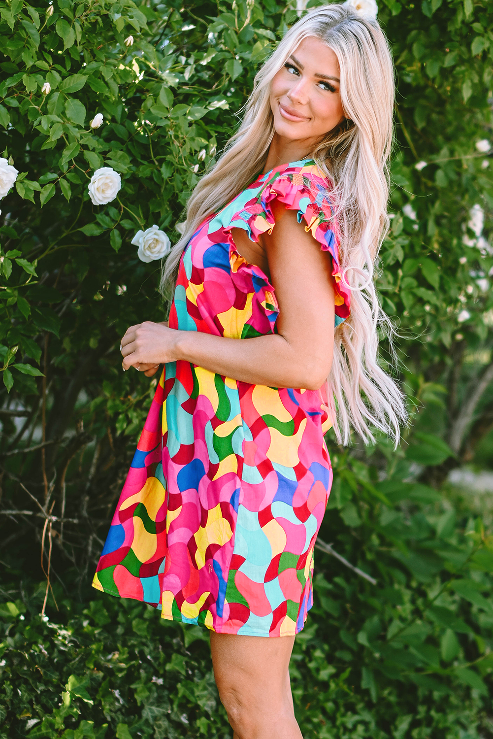 Rose Red Dramatic Ruffle Sleeve Smock Neck Wavy Print Top
