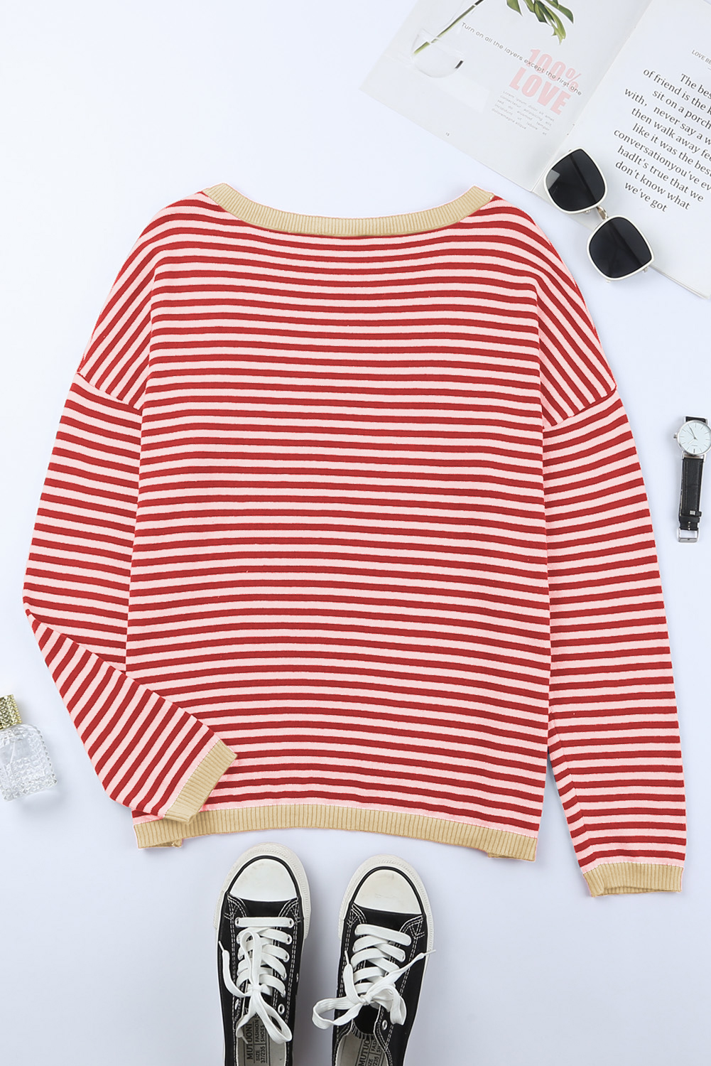 Fiery Red Striped Contrast Trimmed Drop Shoulder Sweater