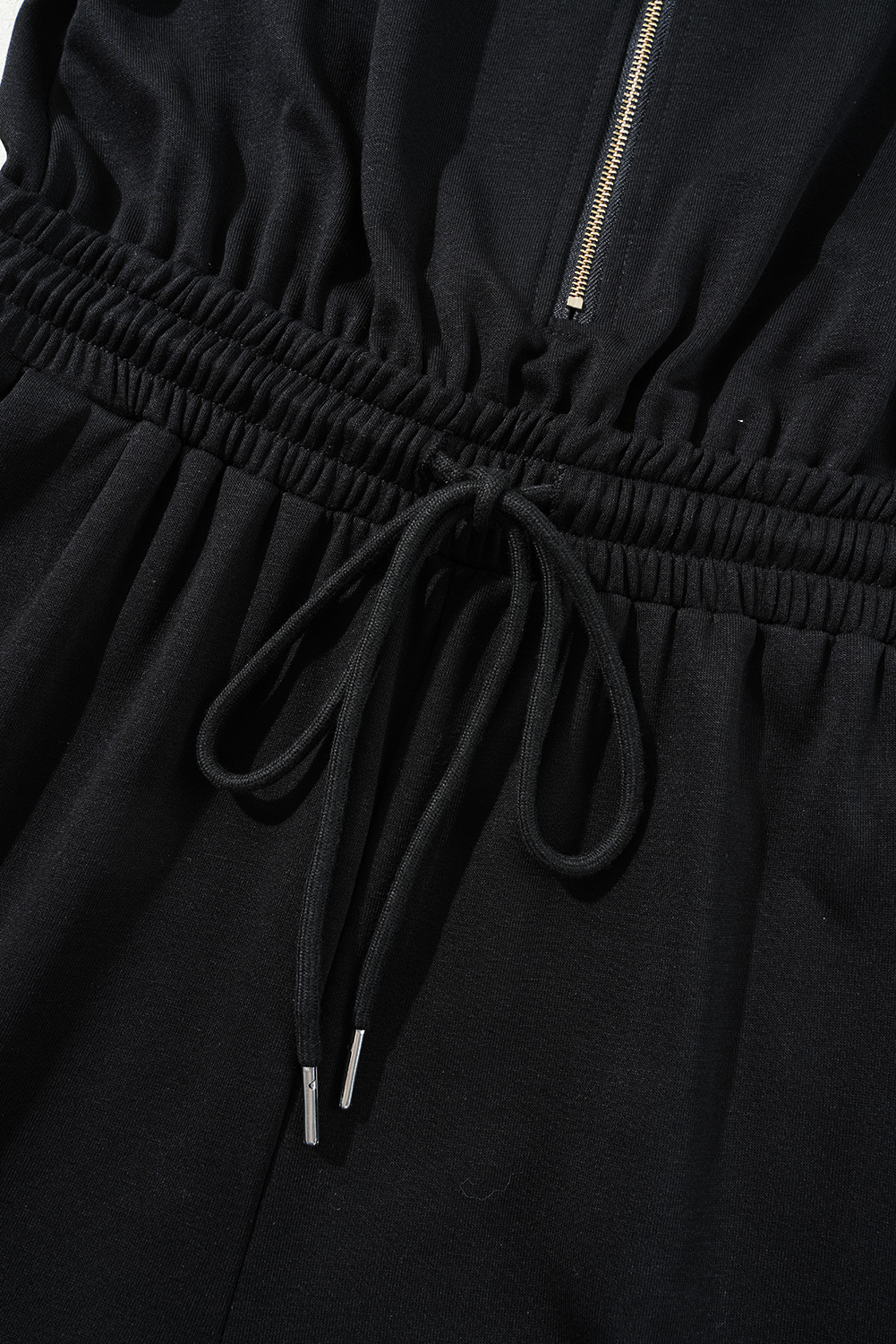 Black Zipper Flutter Sleeve Drawstring Elastic Waistband Jumpsuit