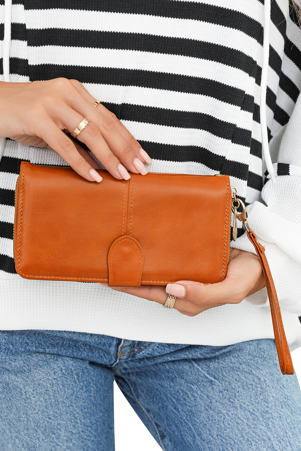 Cinnamon Faux Leather Zip Around Wrist Strap Long Wallet