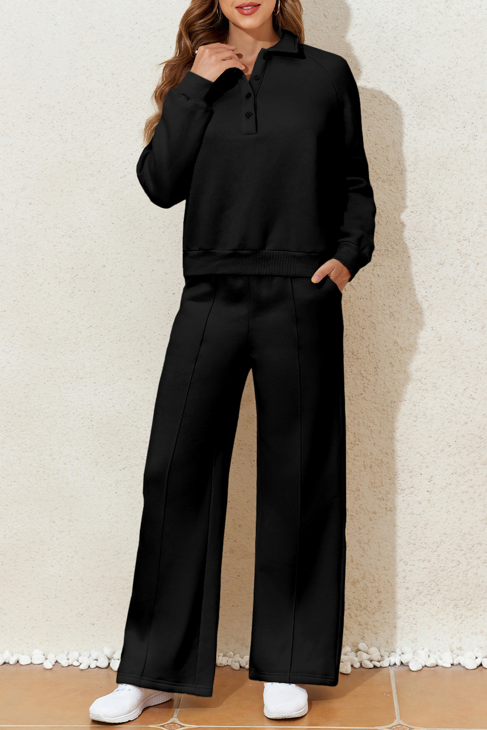 Dark Brown Solid Collared Sweatshirt and High Waist Pants Active Set