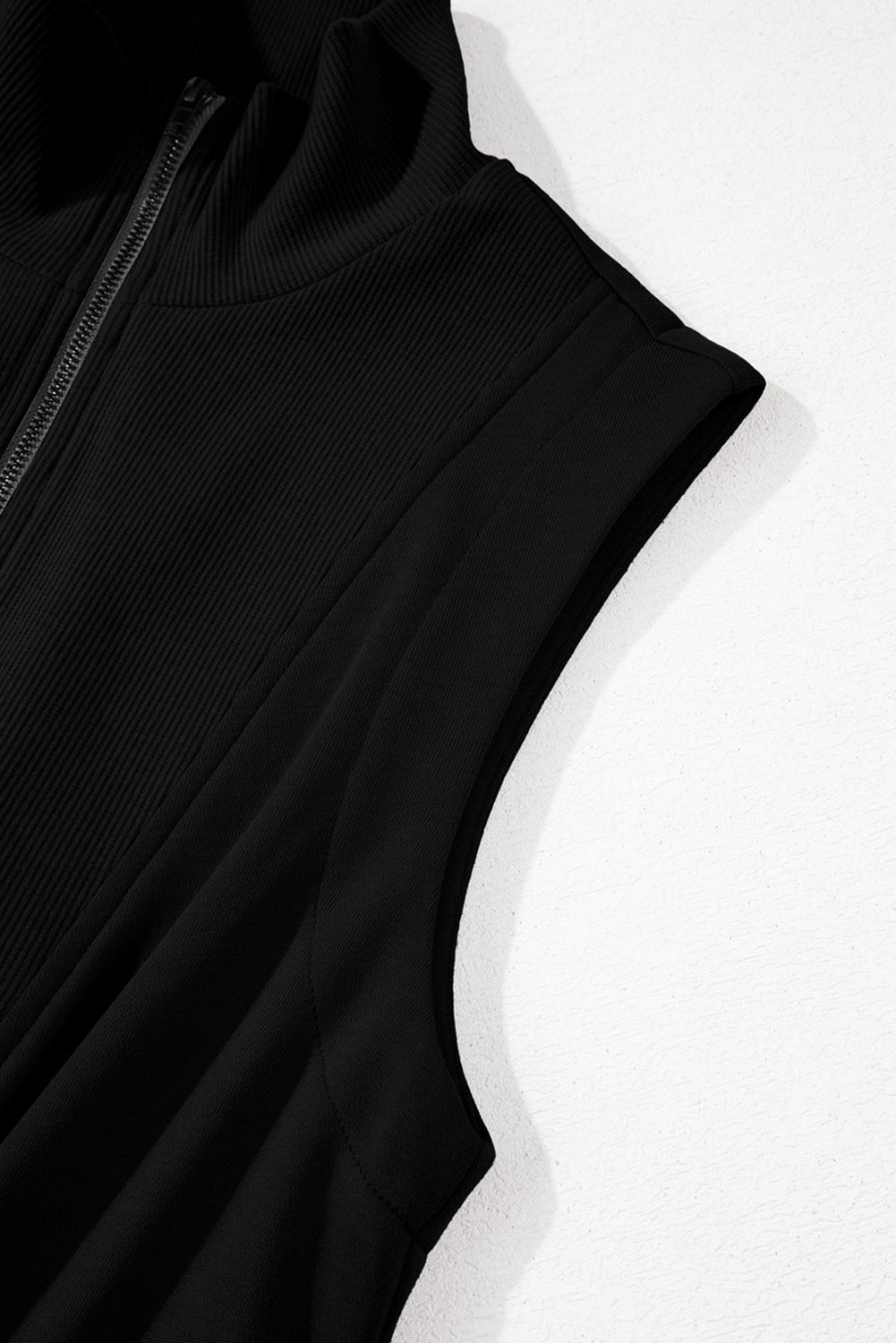 Black French Terry Zipped Collar Sleeveless Drawstring Waist Mini Dress