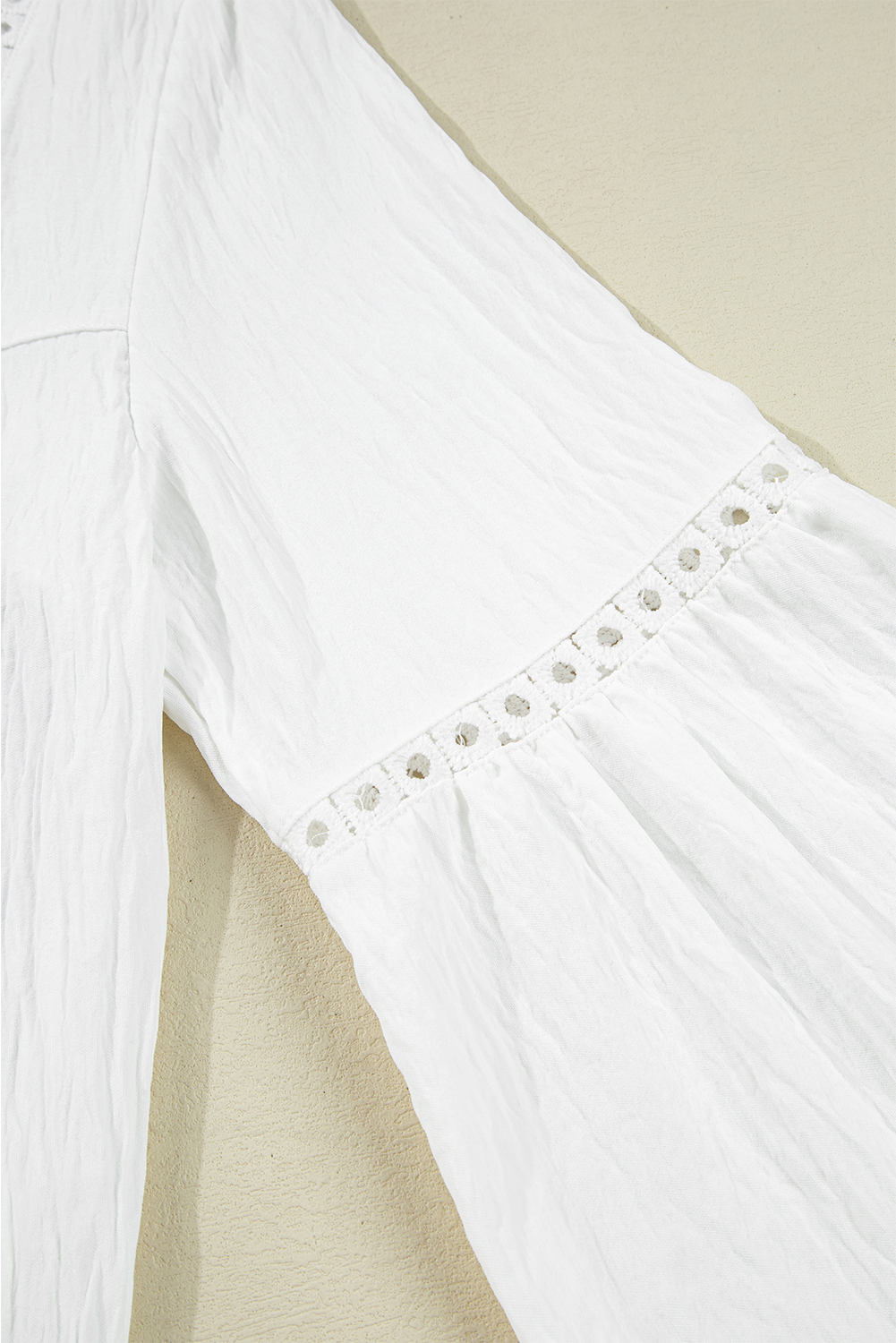 White Drawstring Lace Detail Puff Sleeve Split Neck Spring Fall Blouse
