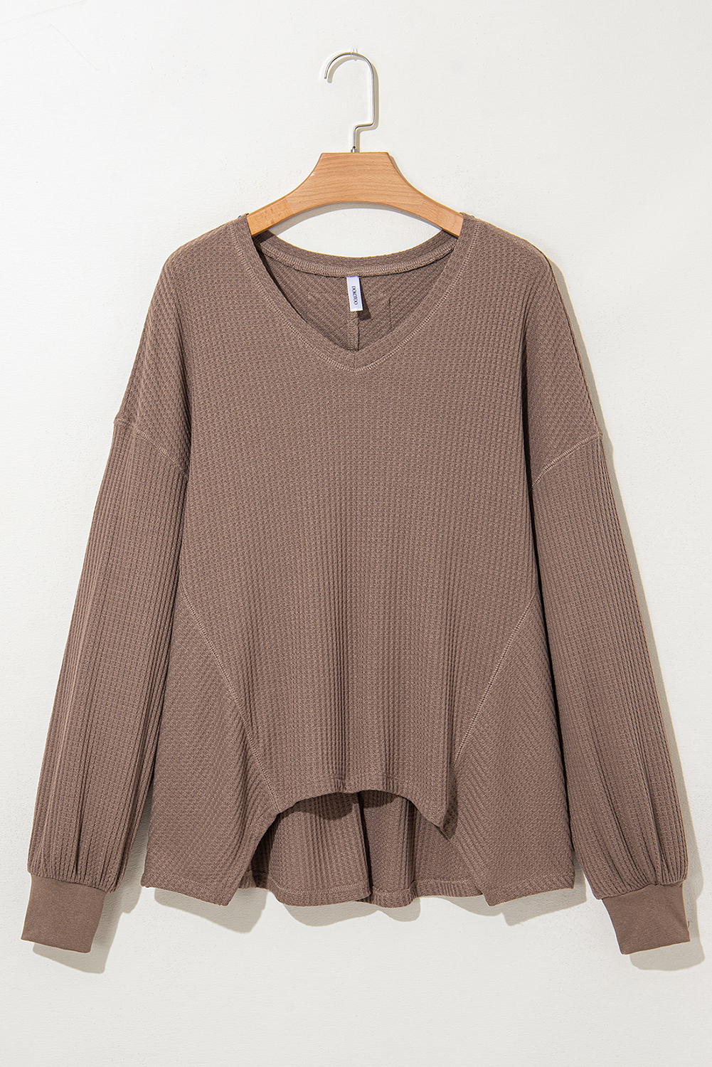 Light Pink Waffle V Neck Long Sleeve Drop Shoulder Loose Blouse