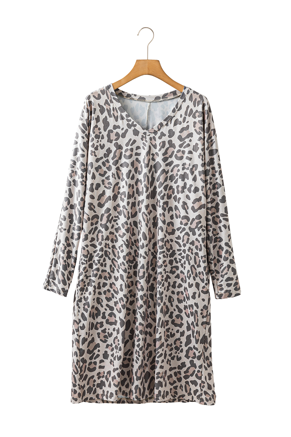Gray Leopard Print V Neck Loose Fit Mini Dress