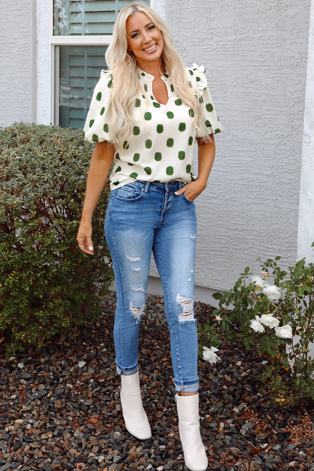 Black Polka Dot Print Shirred Yoke Notched Neck Balloon Sleeve Blouse