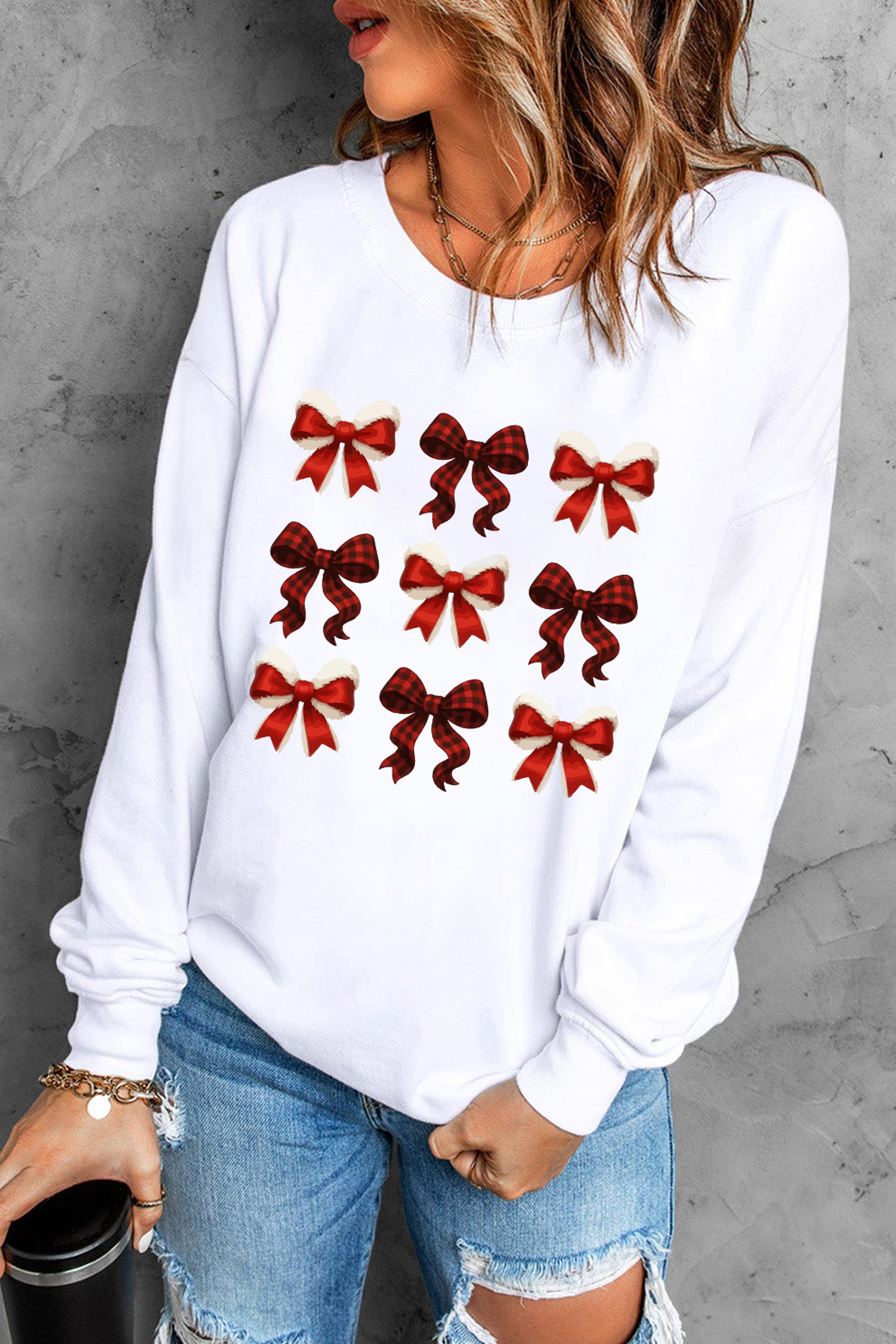 White Festive Bow Graphic Christmas Holiday Classic Sweatshirt