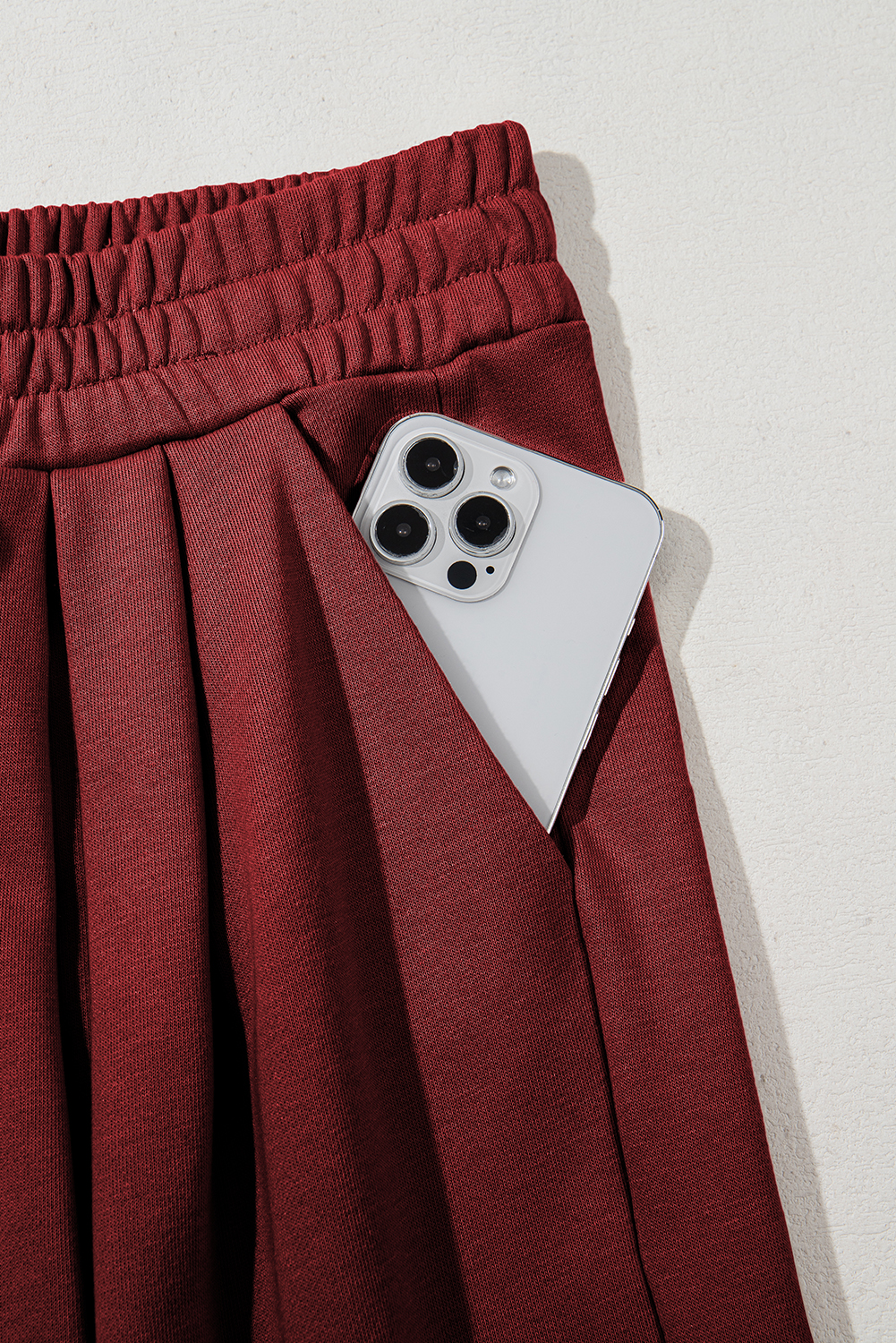 Burgundy Tied Elastic High Waist Pleated Detail Solid Sweatpants