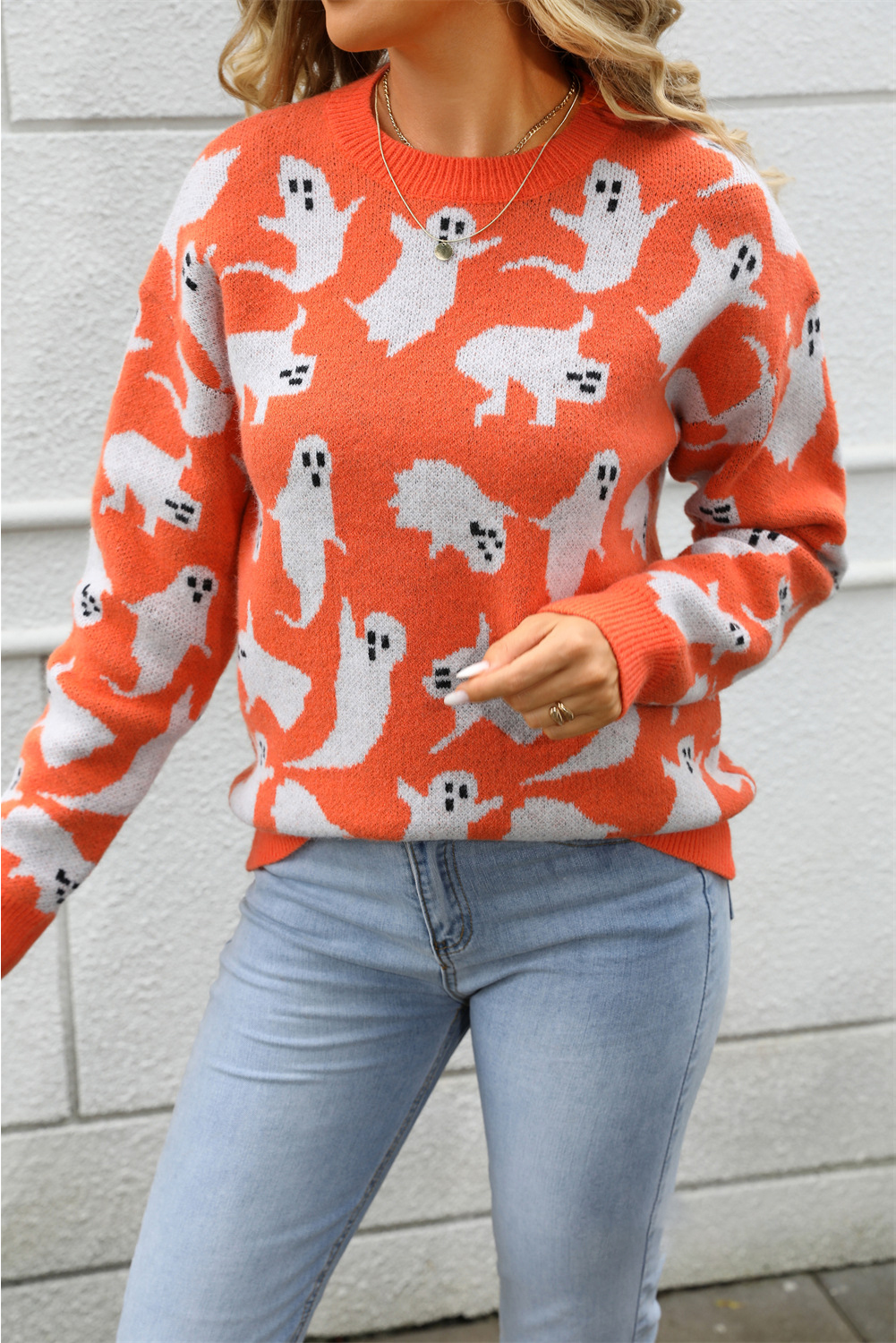 Black Halloween Ghost Allover Drop Shoulder Holiday Sweater