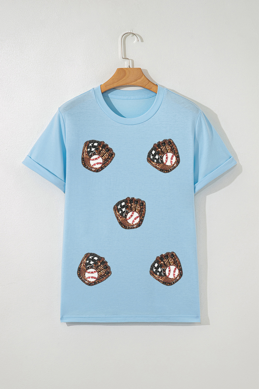 Light Blue Gopher Ball Sequin Patched Casual T Shirt