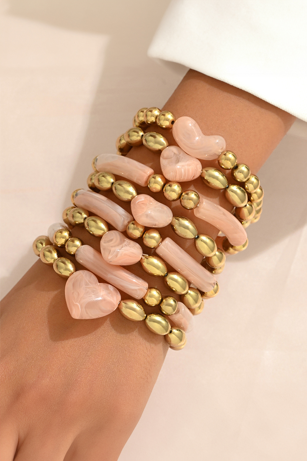 Gold Plated Bead Acrylic Detail 3D Heart Accent 8pcs Bracelet Set