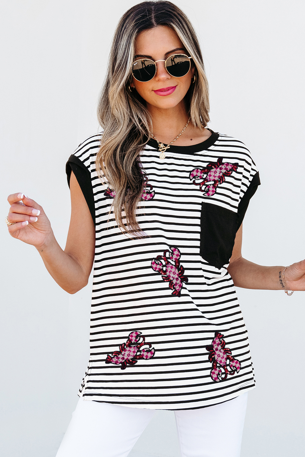 Black Stripe Sequined Lobster Patched Pocket Casual Tank Top