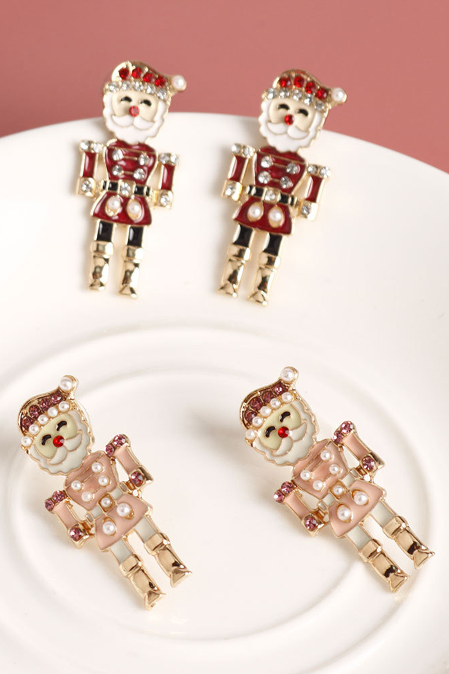 Fiery Red Pearl Rhinestone Embellished Christmas Enamel Nutcracker Earrings