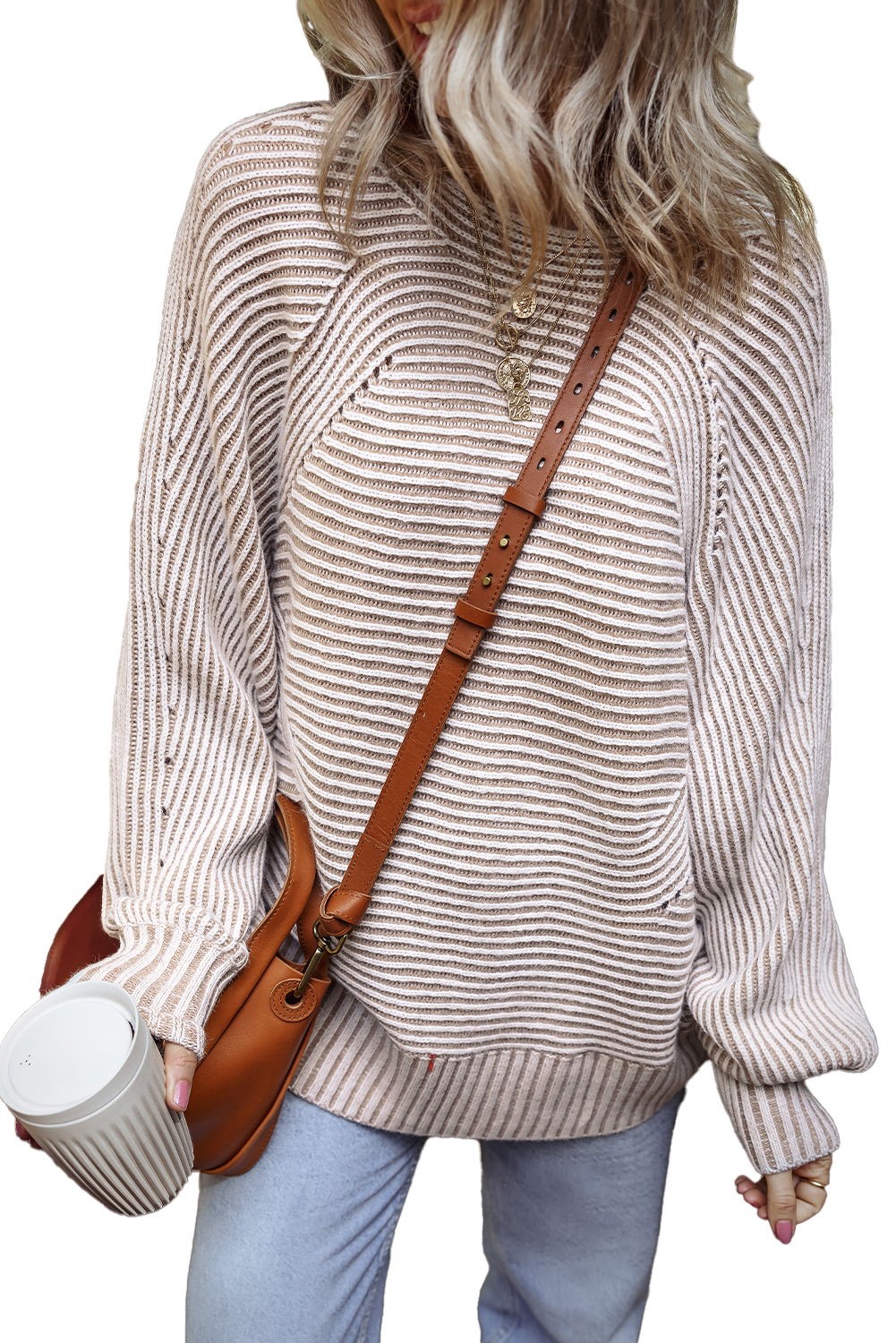 Coffee Striped Print Ribbed Knit Boat Neck Baggy Sweater
