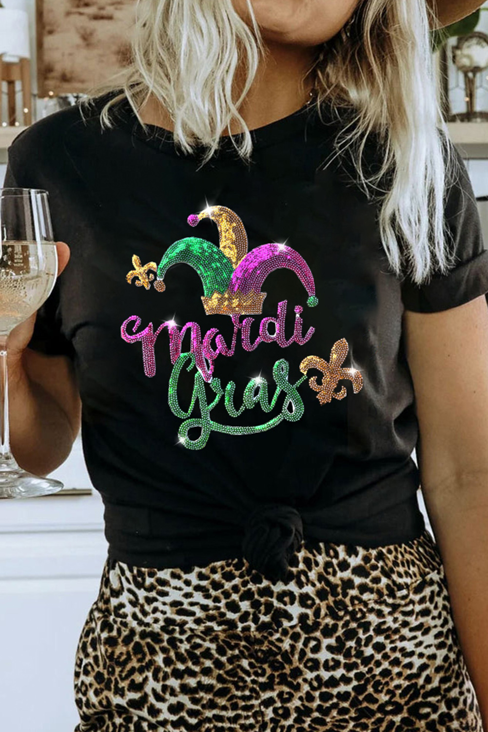 White Mardi Gras Sequin Graphic T-shirt