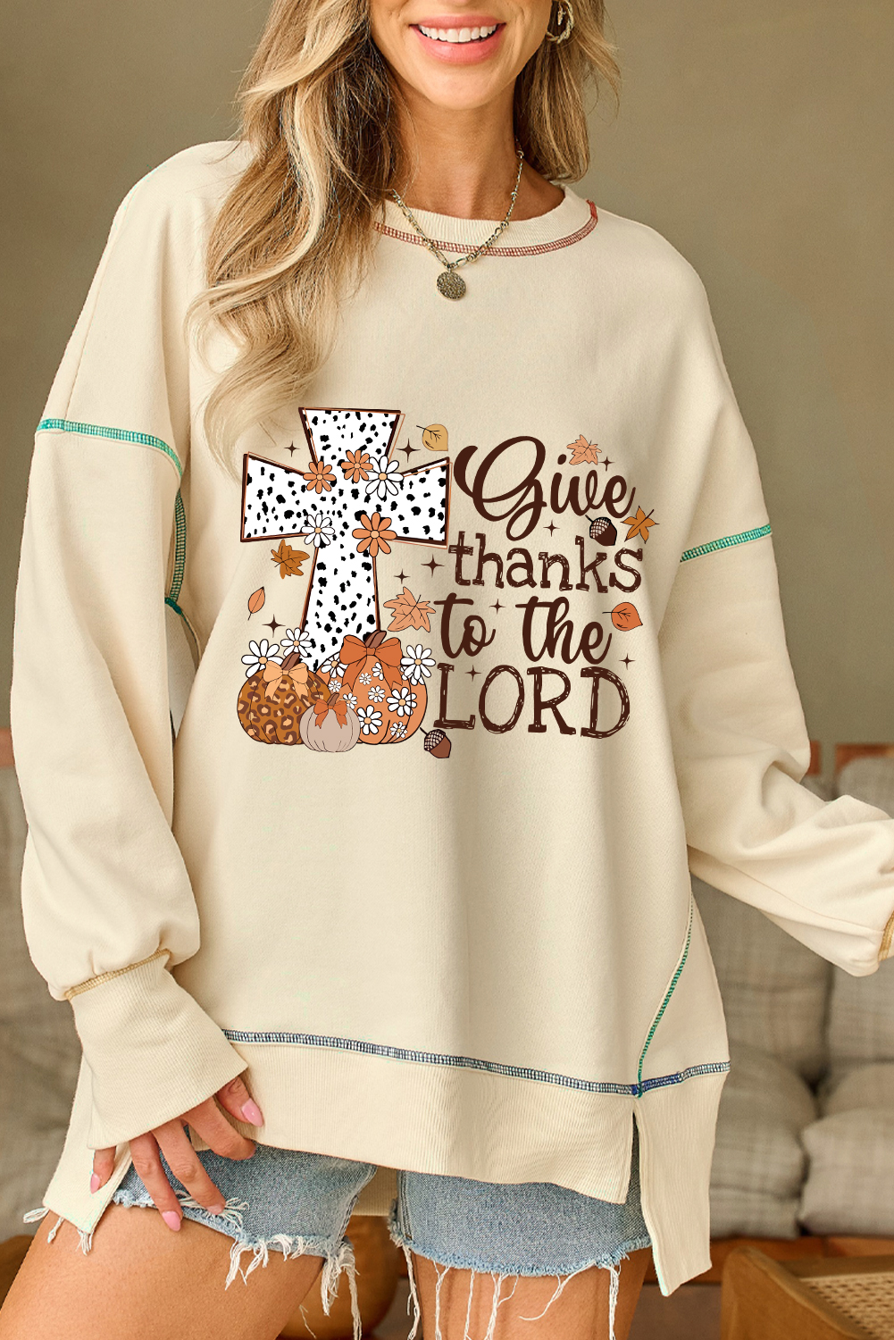Contrast Stitching Split Baggy Sweatshirt