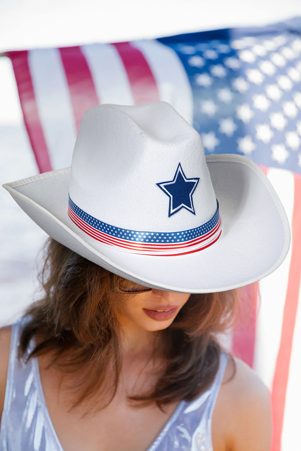 White American Flag Theme Print Wide Brim Cowboy Hat