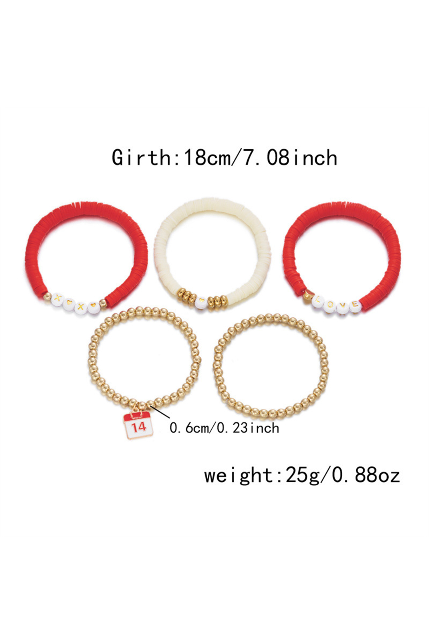 Gold Valentines Day Mixed Beads 5pcs Bracelet Set