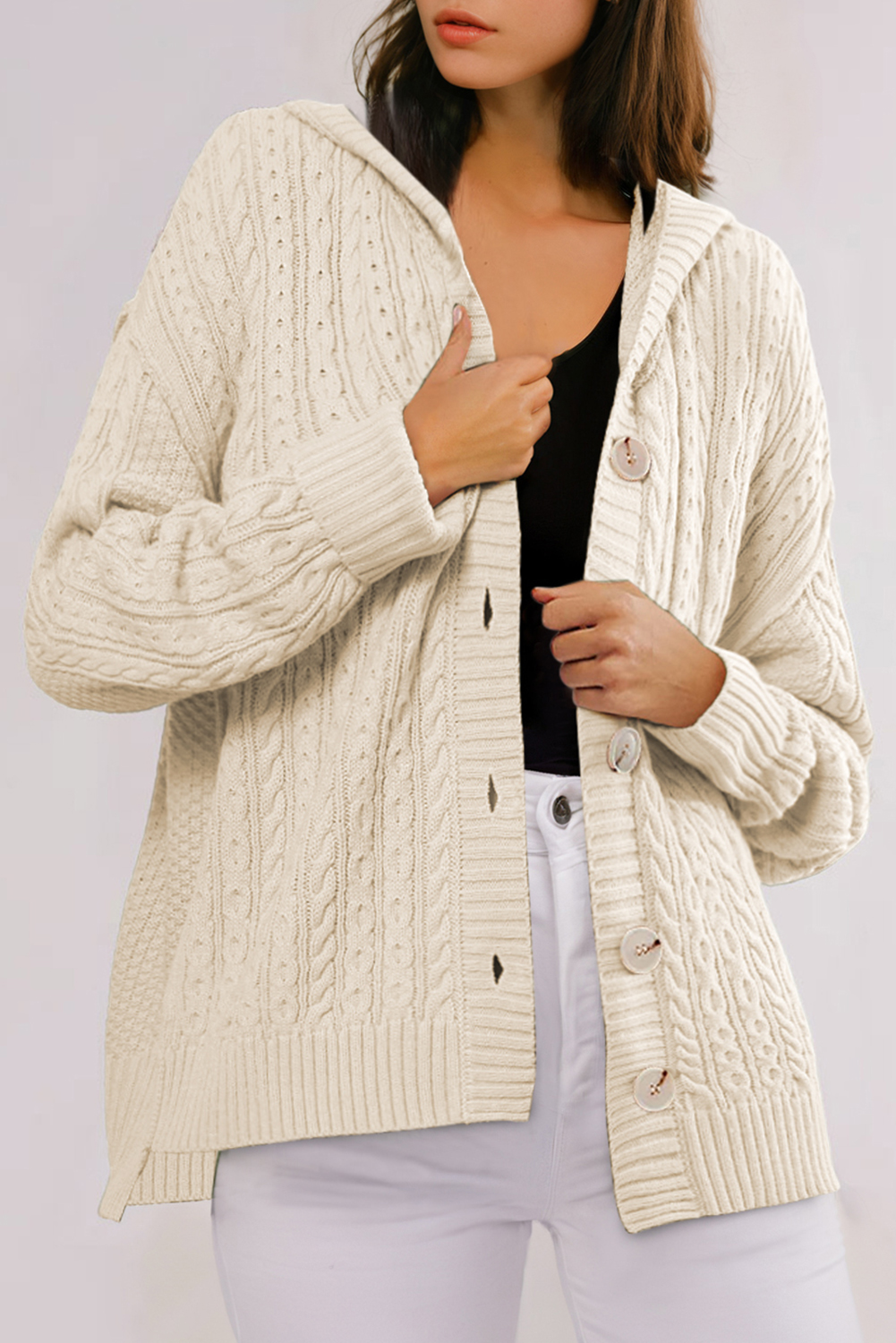 White Cable Knit Texture Uneven Hem Hooded Chic Cardigan