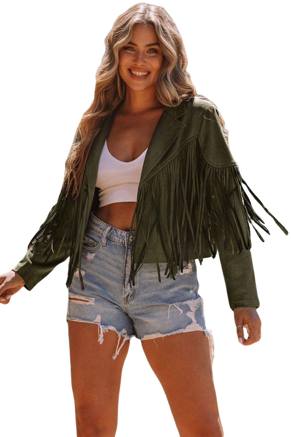 Gray Cropped Fringe Faux Suede Jacket